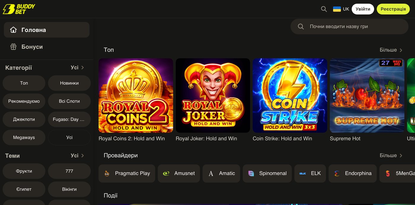 Каталог ігор казино Buddy Bet з фільтрами і топ-слотами